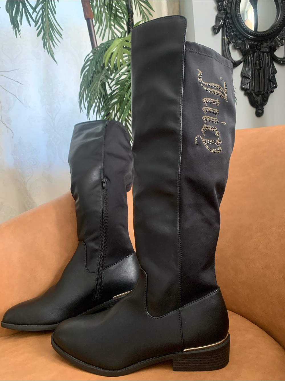 Juicy Couture Black Over-the-Knee Boots with Script Embellishment